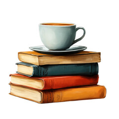 Fototapeta premium Enjoying a hot coffee with a stack of books in a cozy reading nook flat illustration digital art relaxed atmosphere