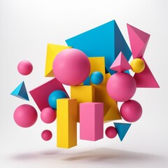 Floating 3D geometric shapes in vibrant colors like pink, blue, and yellow, arranged against a white background.
