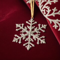 A detailed close-up of a glittering snowflake ornament resting on rich red velvet fabric, capturing its intricate design and festive feel.