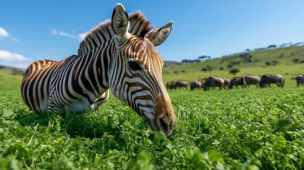 A close-up of a zebra grazing on a lush green grassland under a bright blue sky, with a herd of zebras in the background and rolling hills on the horizon