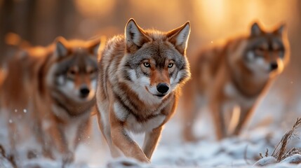 Obraz premium A pack of wolves running through a snowy forest, their sharp eyes focused, illuminated by the golden glow of sunset, showcasing their strength and unity in the wild