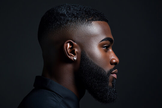 Portrait of handsome black man with beard and stylish haircut looking away from camera on dark background copy space banner template