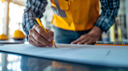 Construction worker drawing plans workshop professional photography indoor close-up industry insights