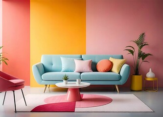 Blue sofa and round pink coffee table against multicolored stucco wall with copy space. Colorful, playful pop art style home interior design of modern living room.