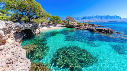 Obraz premium Secluded cove with crystal-clear turquoise water, rocky shore, and lush vegetation under a sunny sky.