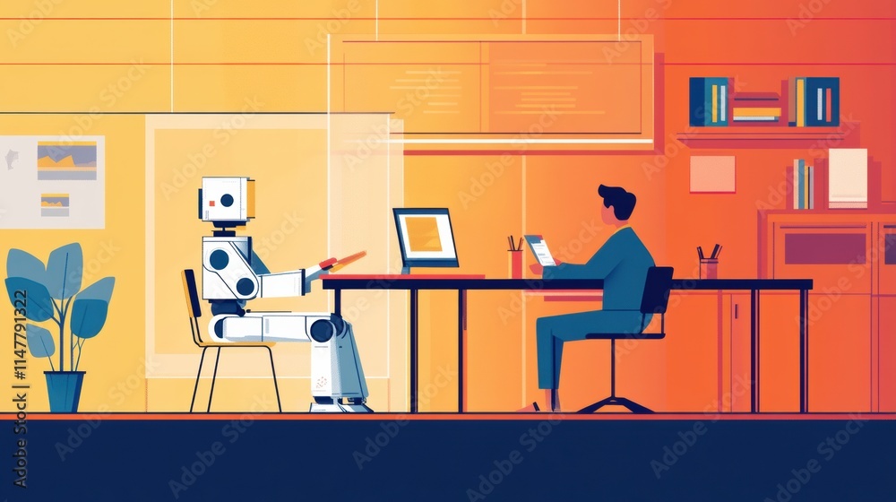Aufkleber Human and robot collaborate on innovative project at a modern workspace desk. Generative AI