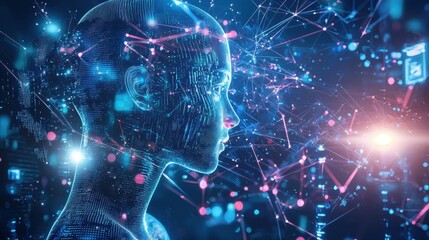 Artistic Representation of Artificial Intelligence and Innovation in a Futuristic Digital Landscape