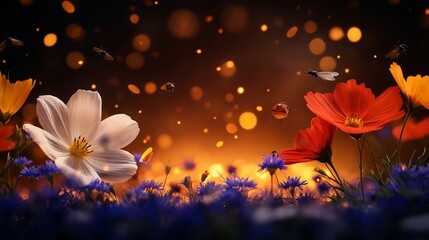 A peaceful meadow filled with colorful wildflowers, including red, white, and blue blossoms, illuminated by a warm golden glow with flying insects in the background