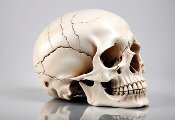 A human skull is displayed on a white background with a reflective surface.