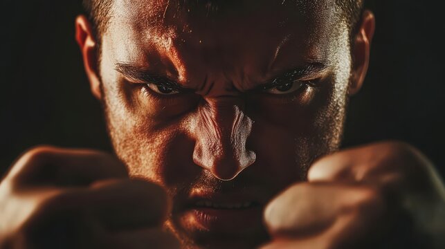 A furrowed brow and clenched fists illustrate an intense angry expression, capturing raw emotional energy