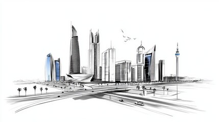 Riyadh skyline of Saudi Arabia in a line drawing vector sketching its landmarks and cultural identity