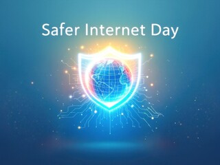 Safer internet day concept with digital shield and globe for cybersecurity awareness