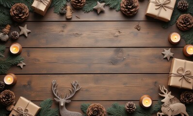 Festive holiday decorations on wooden table