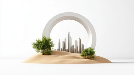 Saudi Arabia skyline with abstract nature elements including old arches and sand dunes isolated on a white background
