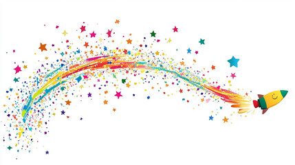 A simple drawn cartoon of a rocket shooting up with colorful trails of stars and glitter. The rocket is smiling and celebrating the New Year with cheerful energy. White background for clarity.
