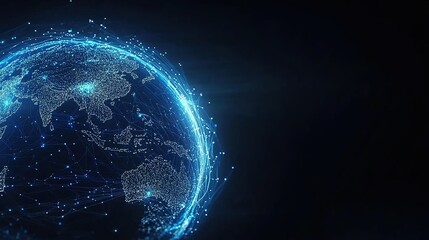 Obraz premium A digital globe with blue glowing connections, representing a global network and connectivity on a dark background.