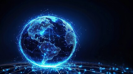 Obraz premium A digital globe with blue glowing connections, representing a global network and connectivity on a dark background.