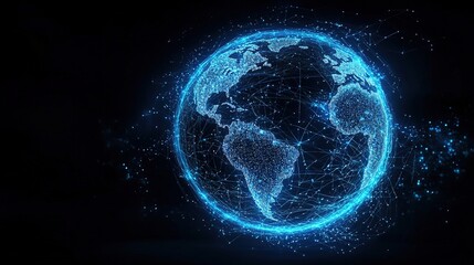 Obraz premium A digital globe with blue glowing connections, representing a global network and connectivity on a dark background.