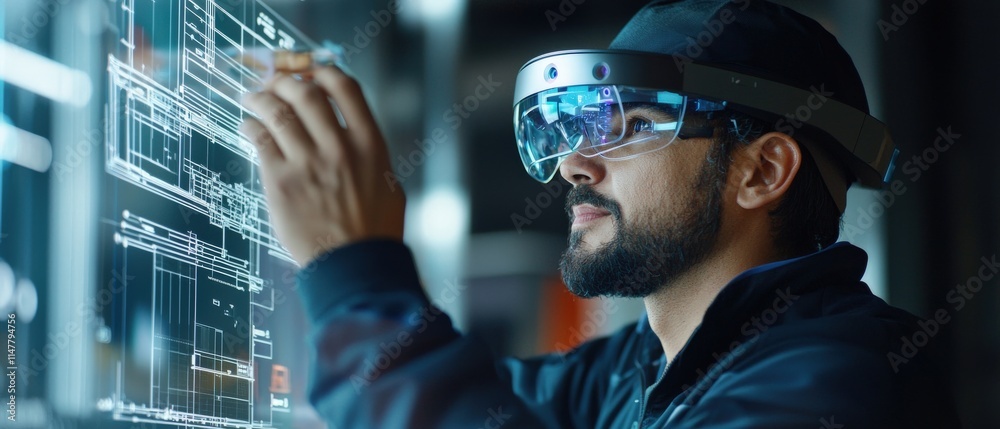 Aufkleber Engineers using augmented reality glasses to visualize a building blueprint on-site