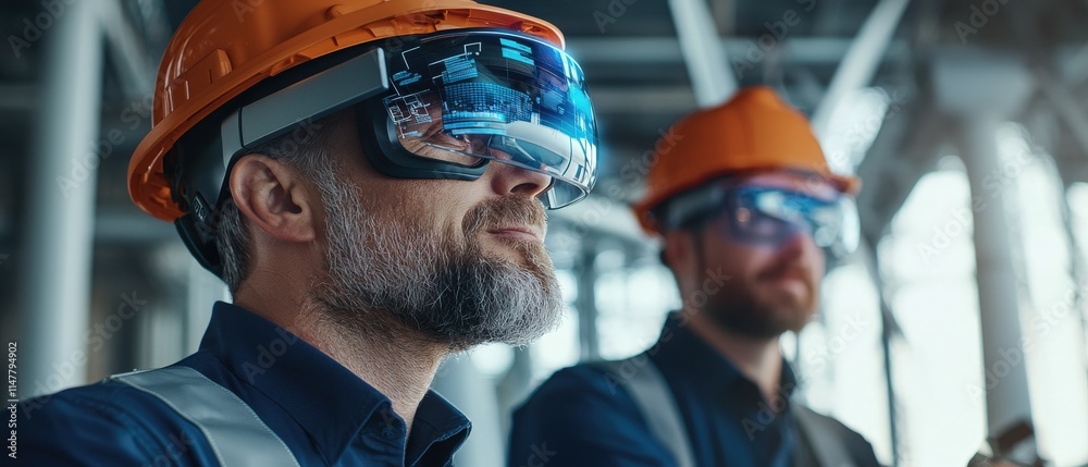 Aufkleber Engineers using augmented reality glasses to visualize a building blueprint on-site