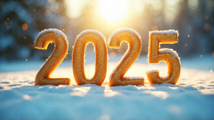 Golden 2025 numbers with snow-dusted design in vibrant digital artwork featuring serene sunrise over snowy landscape, New Year