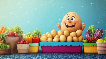 Naklejka premium A cheerful cartoon potato character sits happily among fresh produce with copy space against a bright blue background.