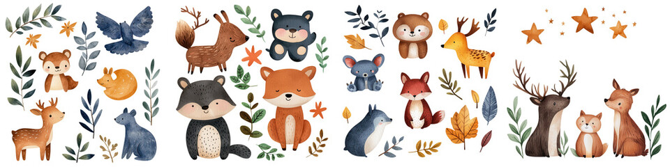 Obraz premium Cute forest animals surrounded by leaves and stars in whimsical design, isolated on transparent background.
