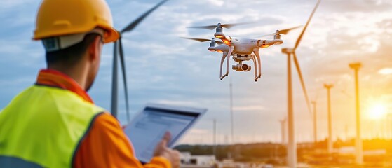An industrial drone inspecting wind turbine blades for maintenance issues