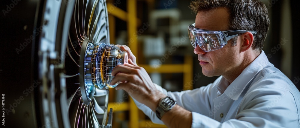 Poster An engineer working on a holographic interface, analyzing a model of a jet engine