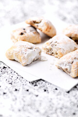 Stollen Bites on bright background. Soft focus. Close up.
