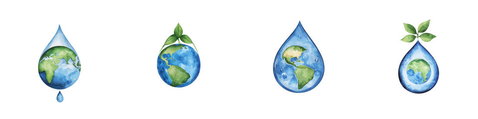 Water drops with Earth inside, symbolizing nature and sustainability, isolated on transparent background.