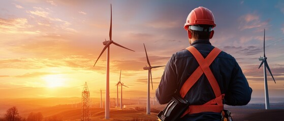 A man in a hard hat stands in front of a wind farm