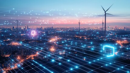 An aerial view of an urban landscape with solar panels and wind turbines, interconnected by glowing data lines symbolizing energy management.