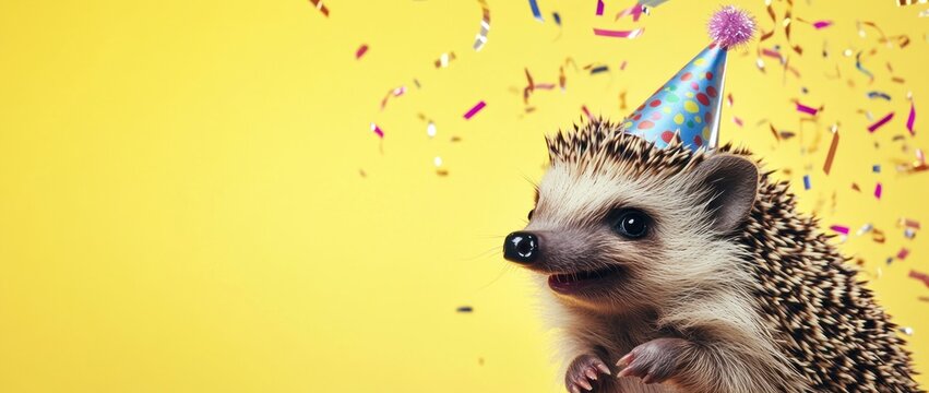 Hedgehog wearing party hat with confetti.