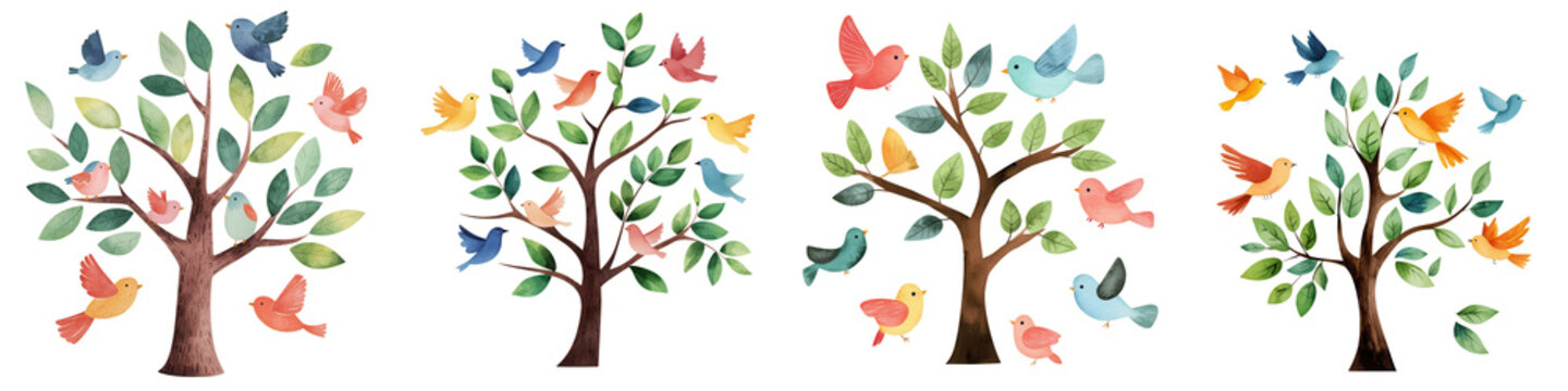 Colorful birds flying around trees in vibrant watercolor style, isolated on transparent background.
