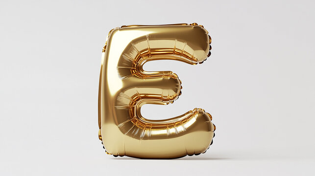 A 3D metallic balloon letter "E" in radiant gold, featuring a high-shine finish and intricate reflections, placed on a plain white background.