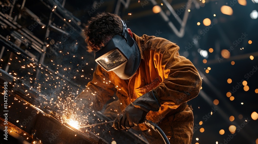 Poster A welder in a protective mask creates a cascade of sparks while working on a metal structure