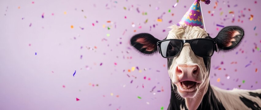 Cow with party hat and sunglasses, confetti falling.