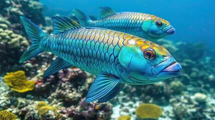 Fototapeta premium Two vibrant, colorful fish swim near a coral reef.