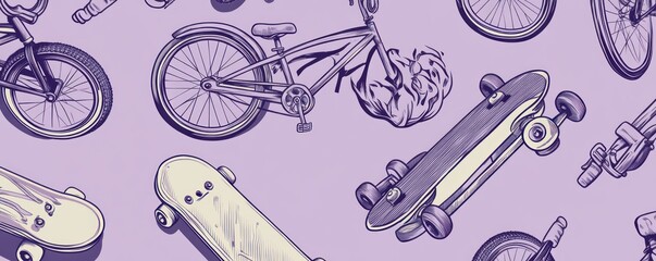Bikes and skateboards seamless pattern in purple.