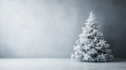 Fototapeta premium Minimalist gray background for product photography with just one white Christmas tree