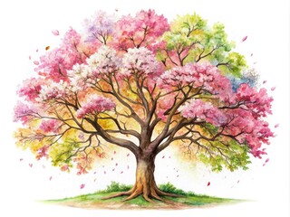 Obraz premium Watercolor aerial view: a surreal garden design featuring a flower-laden treetop landscape plan.