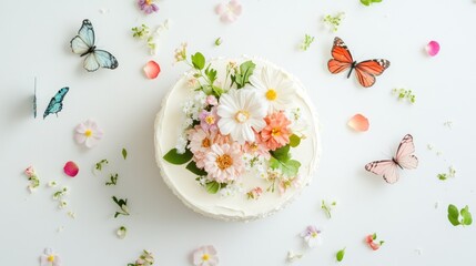 Cake with floral and butterfly decorations on white.