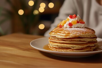 Stack of fluffy pancakes topped with colorful fruits and whipped
