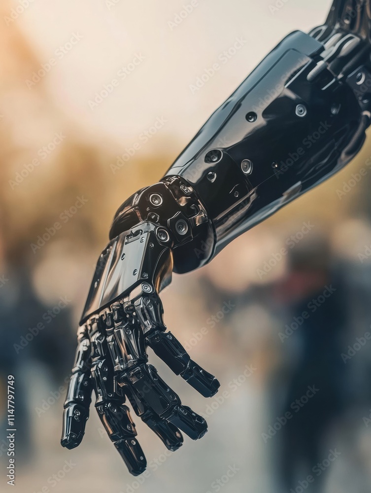 Poster prosthetic arm demonstrates advanced functionality in a bustling outdoor setting during daylight. ge