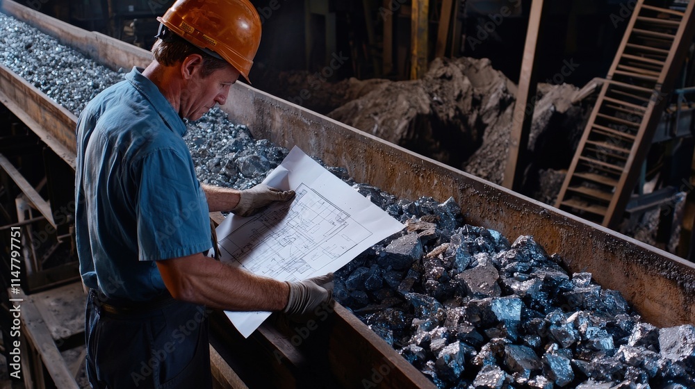 Poster a man wearing a hard hat is looking at a piece of paper while standing in front