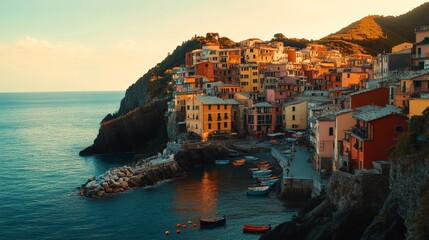 Fototapeta premium Charming Coastal Village with Colorful Houses by the Sea at Sunset