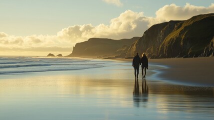 A couple walks hand in hand along the beach during sunset, enjoying the beautiful scenery of cliffs and ocean waves.
