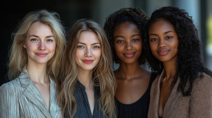 Obraz premium A group of four diverse, inspirational women standing together in an urban environment, exuding confidence, strength, and unity, dressed in stylish neutral outfits.