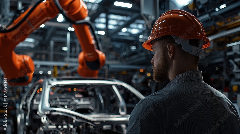 Poster a man in a hard hat observes the assembly of a vehicle on a cutting-edge production line with roboti